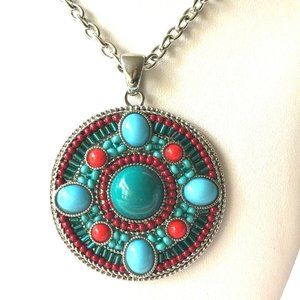 Southwestern Medallion Necklace Earrings Set Pendant Turquoise Beads Silver Tone